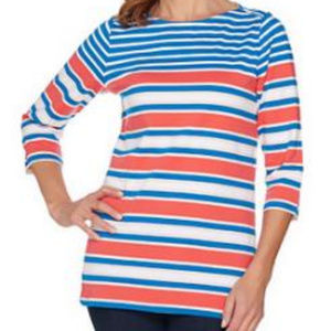 Denim & Co 3/4 Sleeve Placed Stripe Boat Neck Top